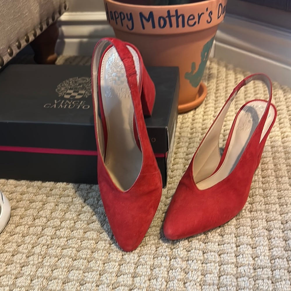 Vince Camuto Classic Red Suede sling back heel.